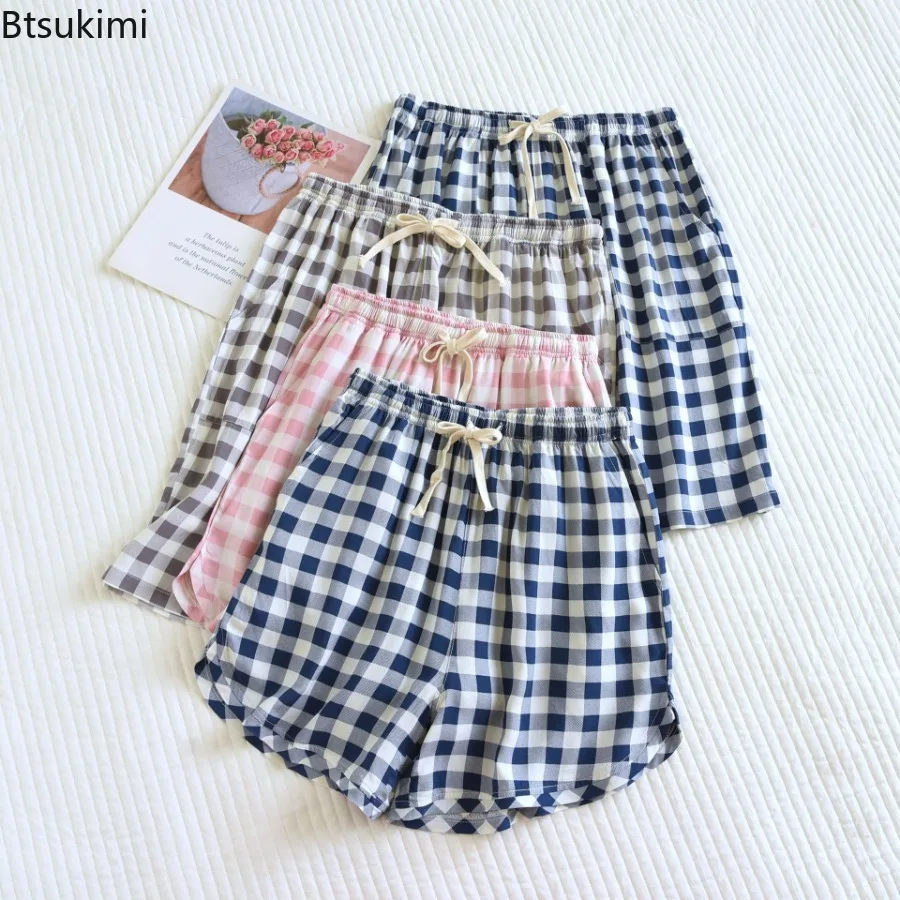 2026 Summer Couple's Pajamas Poplin Thin Style Shorts Simple Elastic Waist Casual Small Plaid Lattice Men and Women Home Pants