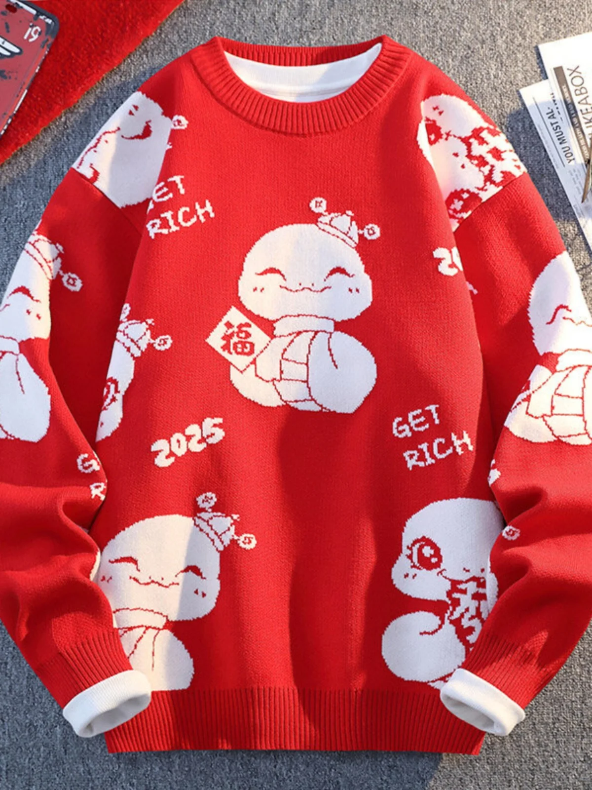 

Красный утепленный вязаный свитер для мужчин, зимний, молодежный, на Год Змеи, повседневный, удобный крой