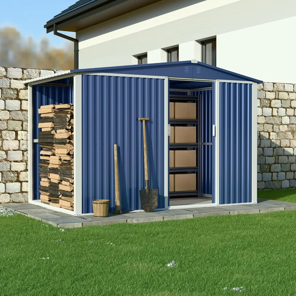 

Metal Outdoor Storage Shed 10FT x 6FT with Firewood Storage, Steel Utility Tool Shed Storage House with Sliding Door, Metal Shed
