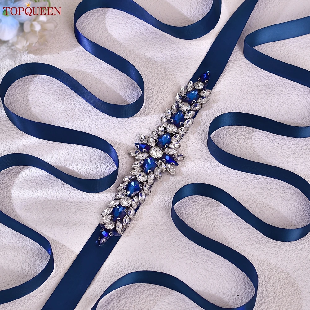 TOPQUEEN Navy Blue Rhinestone Belt Bridal Wedding Accessories Adjustable Ribbon For Party Bridesmaid Dresses Glitter Sash S191