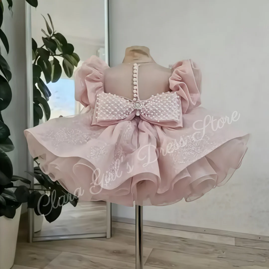 Adorable vestido de niña de flores con decoración de lazo de perlas, falda hinchada de manga corta, perfecto para fiestas de cumpleaños de bebés, primera comunión