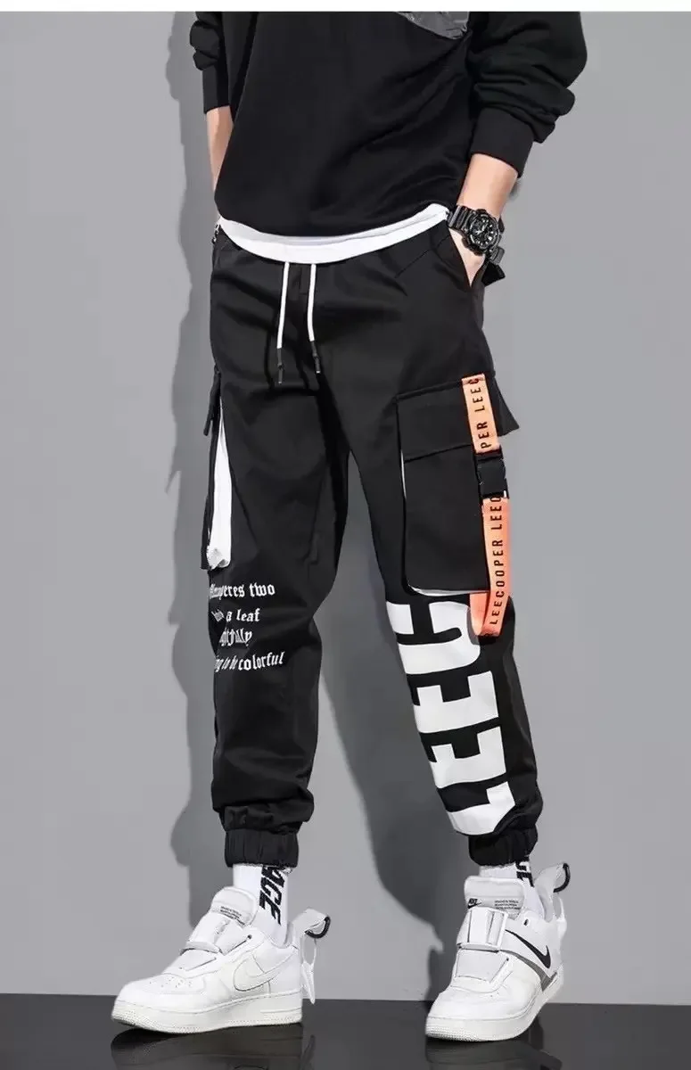 Belt cargo pants men's fashion loose belt lettering printed hip-hop casual pants