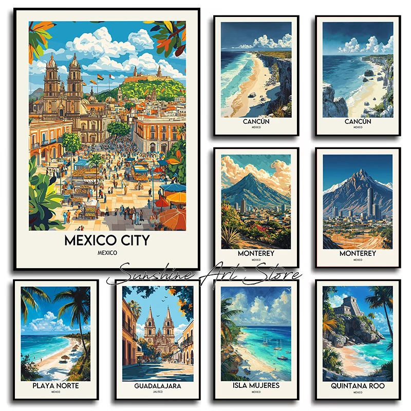 Póster con vista de México, viaje de la ciudad de México, Cancún Monterrey Guadalajara Quintana Roo, pintura en lienzo, imágenes de pared, regalo de decoración del hogar