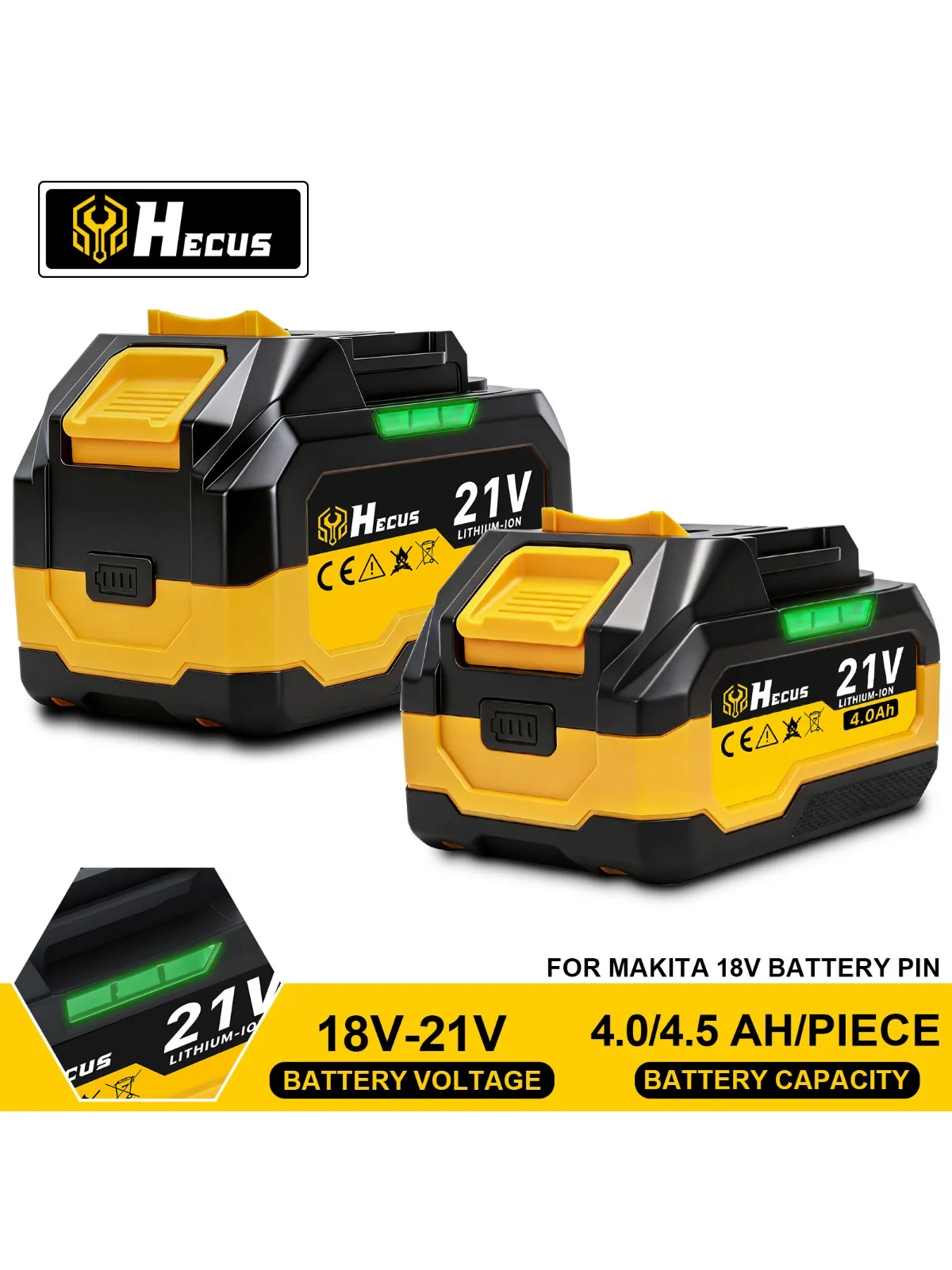 Hecus 4,0AH/4,5AH Lithium-Ionen-Akku, wiederaufladbarer Akku mit Ladegerät, Kapazitätsanzeige, Akkupack, Schraubenschlüssel, Säge, Elektrowerkzeug für Makita 18V Akku-Pin