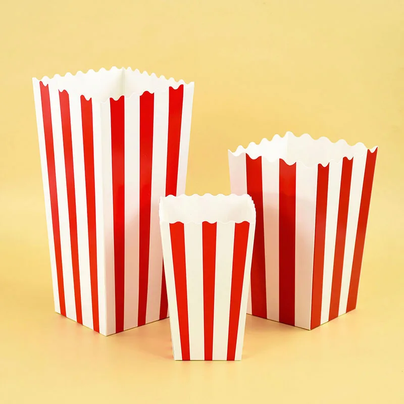 10pcs Popcorn Paper Boxes Buckets Red White Stripes Popcorn Bags Snack Containers Movie Night Birthdays Festival Party Supplies