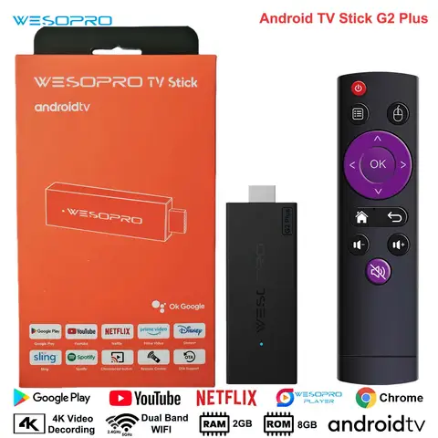 WESOPRO TV Stick G2 plus 4K IPTV Dongle Streaming Media Player with 2GB RAM 8GB ROM Dual-Band Wifi 2.4GHz & 5.0GHz Android 12.0