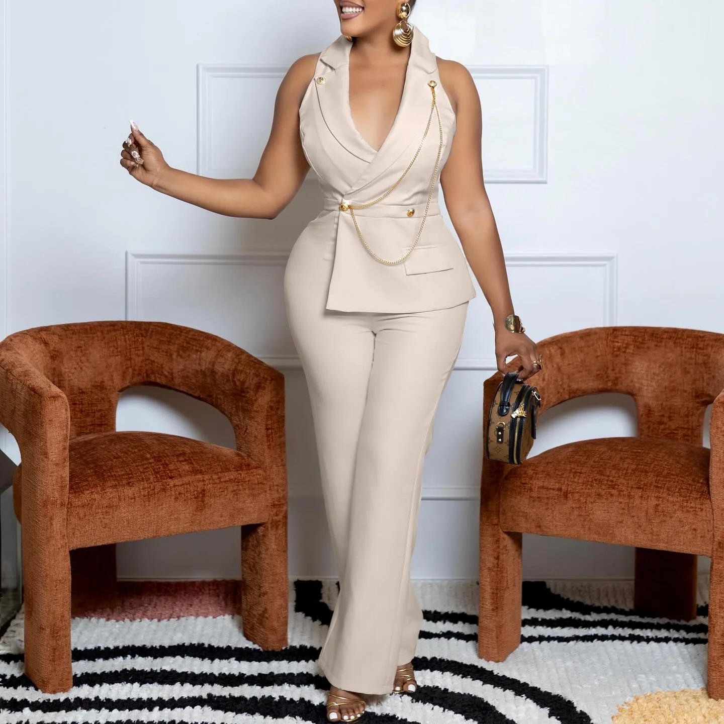 

C8604 Women's Fashion Suit Collar Sexy Fashion Chain Casual Wide-leg Jumpsuit Women's Casual Dresses Elegant Midi Y2k、 Outfits
