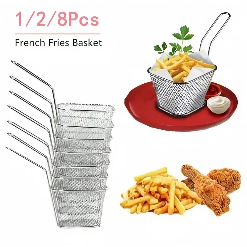 1/2/8Pcs Stainless Steel French Fries Basket Mesh Kitchen Frying Tools Colander Mini Chips Fryer Cooking Frying Basket Strainer