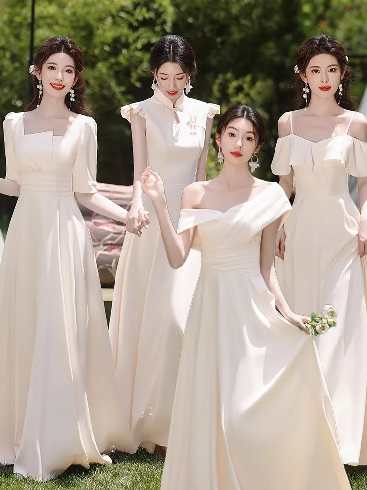 

Платье для подружек невесты цвета шампань из атласа, для групповых мероприятий, можно носить на каждый день, летнее, длинное, вечернее, в пол, в корейском стиле