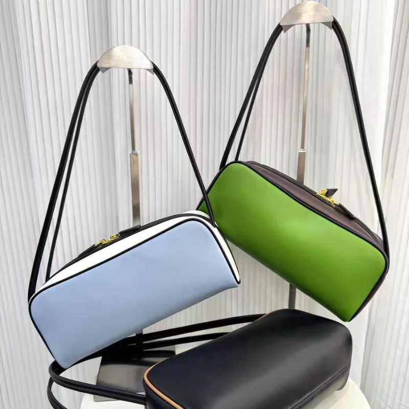 New Leather Hand-held Bowling Bag For Women Popular Contrast Color High-end Shoulder Commuting Underarm Bag Zipper Coin Purse