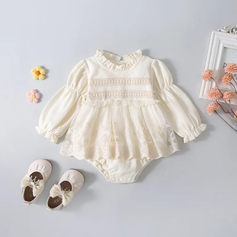 ZOETOPKID Solid Princess Baby Girl Tutu Skirt Style Bodysuit Socks Toddler Infant Waffle One Piece Lace Party Outfit Play Suit