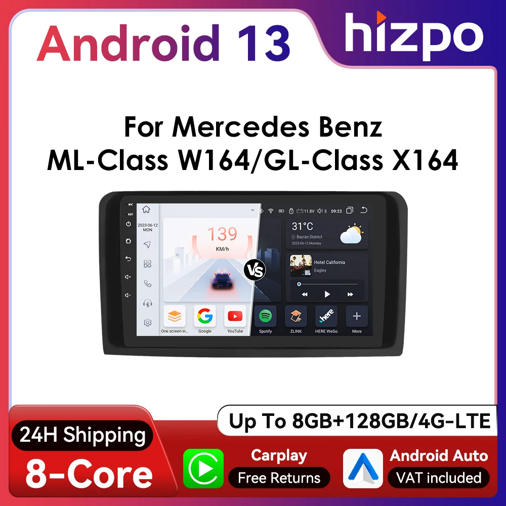 Hizpo 9inch 2Din CarPlay Android Auto Car Radio for Mercedes Benz W164 ML GL 2005 - 2012 RDS DSP GPS Navi UI7862 Multimedia