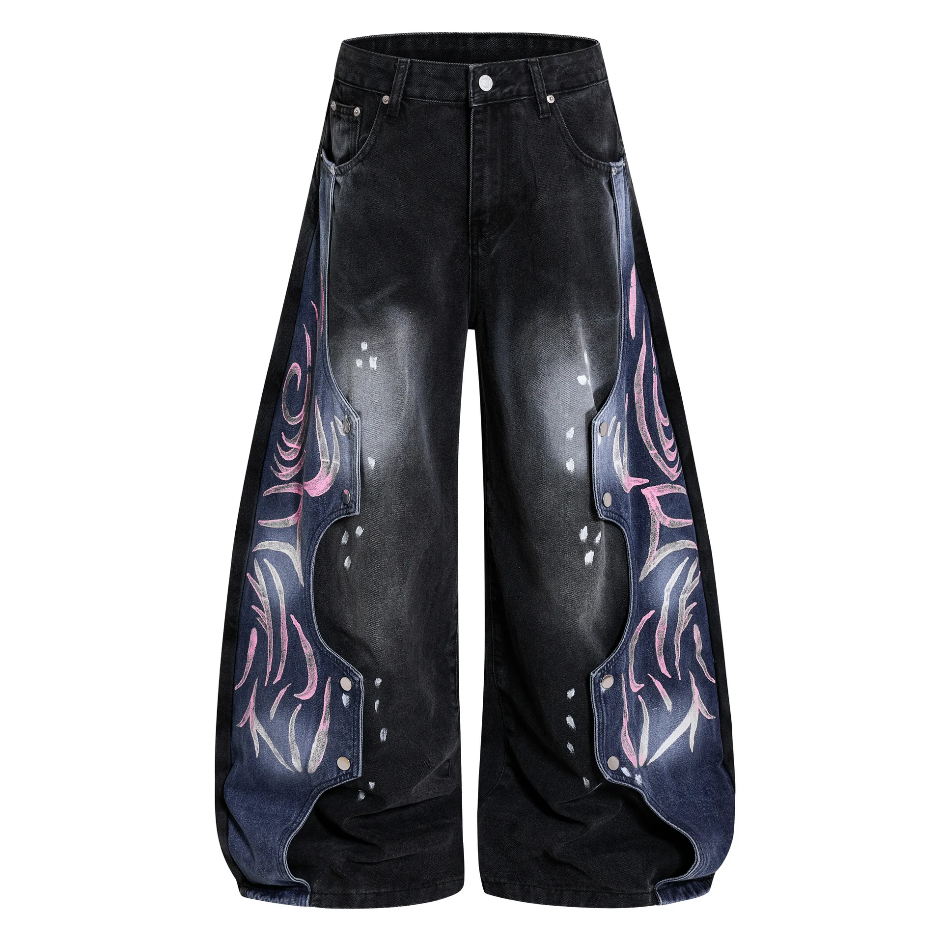 Men's Loose Fit Vibe Style Hip Hop Jeans Pants High Street Personality Design Denim Trousers Baggy Printed Jeans