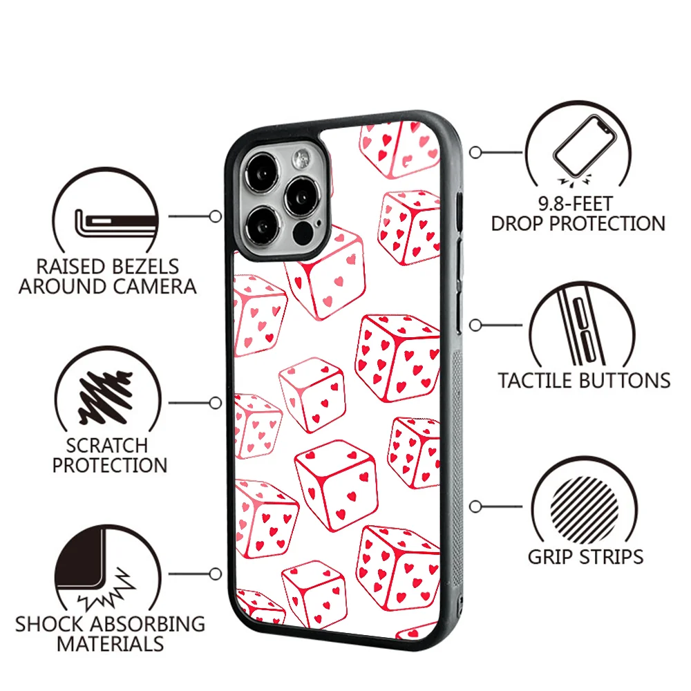 Heart Dice Phone Case For IPhone 11 12 13 14 15 Plus Pro Max Mirror Acrylic PC TPU Cover