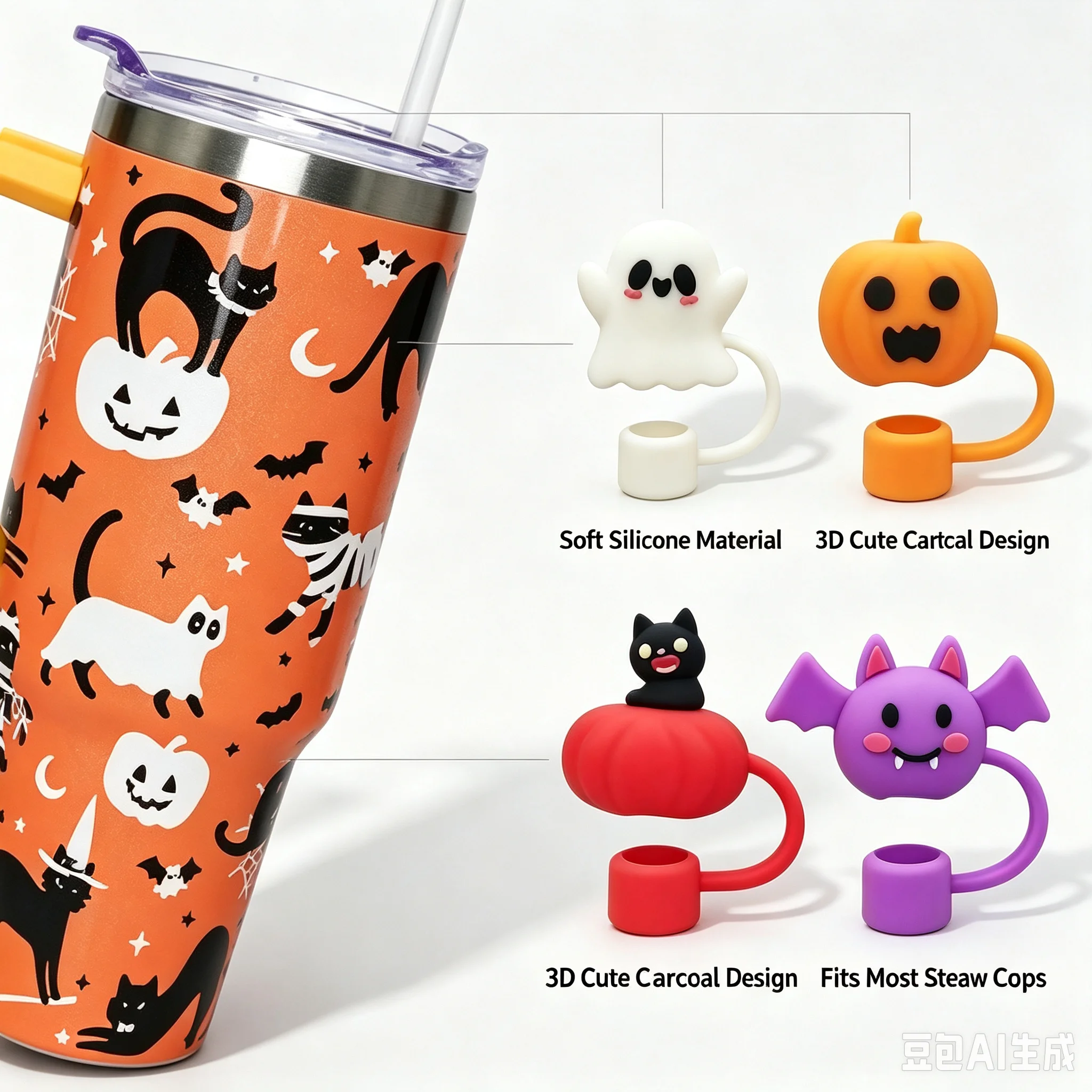 4PCS 10mm Halloween Straw Cover Cap for Stanley Cup Silicone Straw Topper for Straw Dust-Proof Reusable Straw Tips for Tumbler