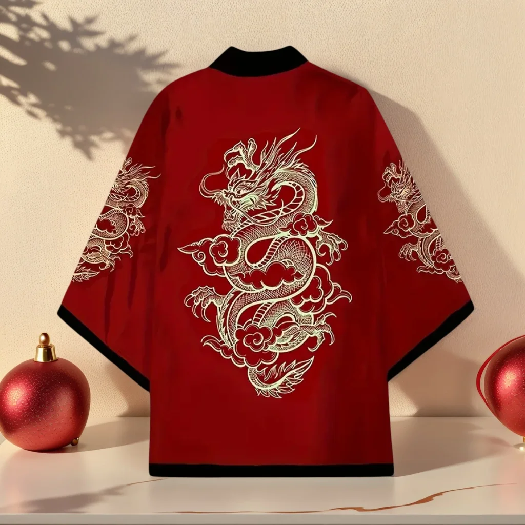 Japanese Kimono Dragon Graphic Print Cosplay Haori Yukata Top Adult Traditional Samurai Loose Kimono Cardigan for Men Women