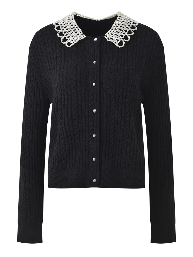 

High-End Version European Sle Women's Faion Sweet Bead Doll Collar Long Sve Twisted Knit Open Cardigan Top