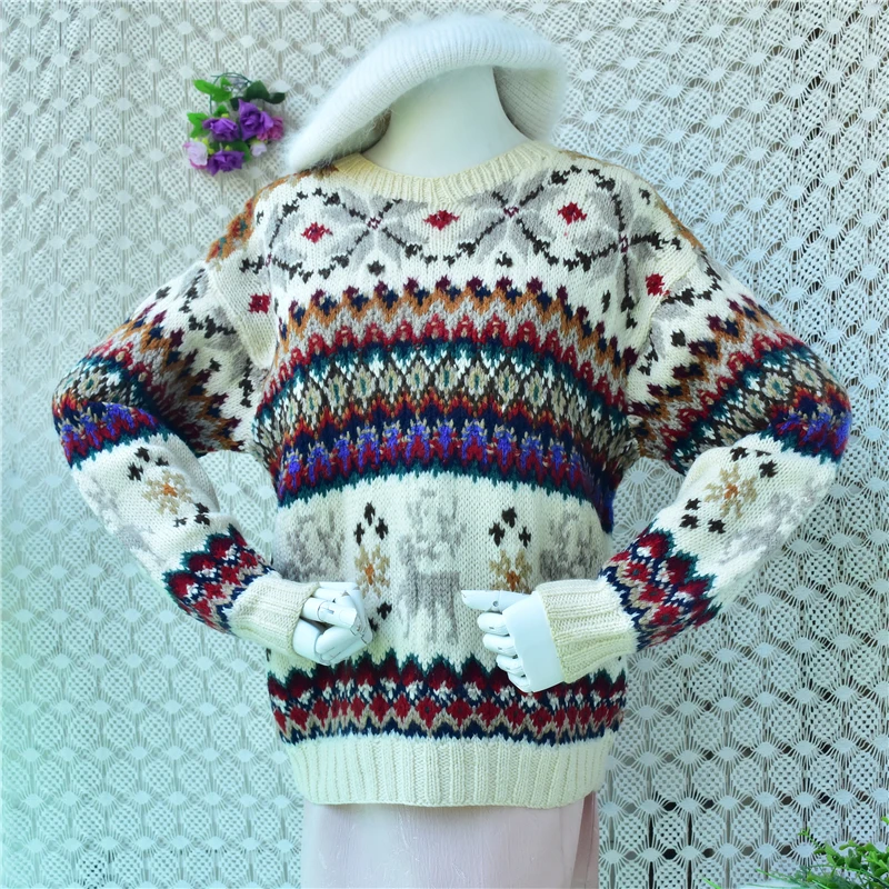 Women Vintage Fair Isle Wool Sweater Retro Reindeer Geometric Knit Pullover Long Sleeve Crew Neck Loose Oversized Winter Warm Et