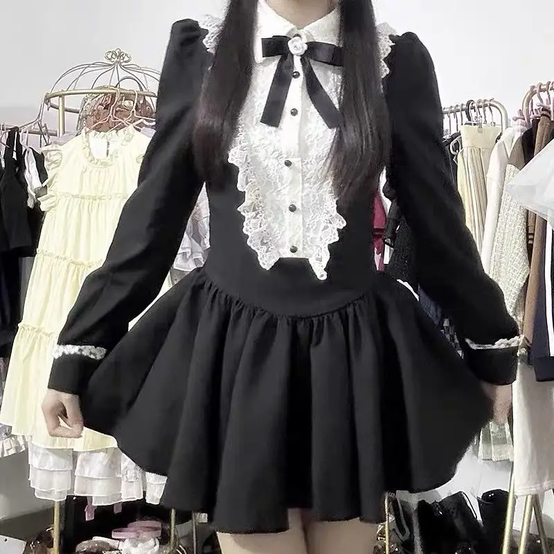 فساتين حفلات الأميرات الحلوة بفيونكة دانتيل عتيقة للسيدات Harajuku Y2K لوليتا Kawaii فستان قصير بأكمام طويلة فساتين مثيرة #4