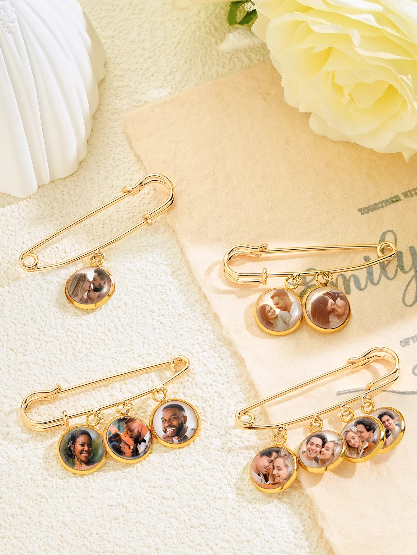 Custom Photo Boutonniere Pin 1-4 Pictures Lapel Badge Wedding Memorial Graduation Gift For Bride Groom Couple Family Valentine