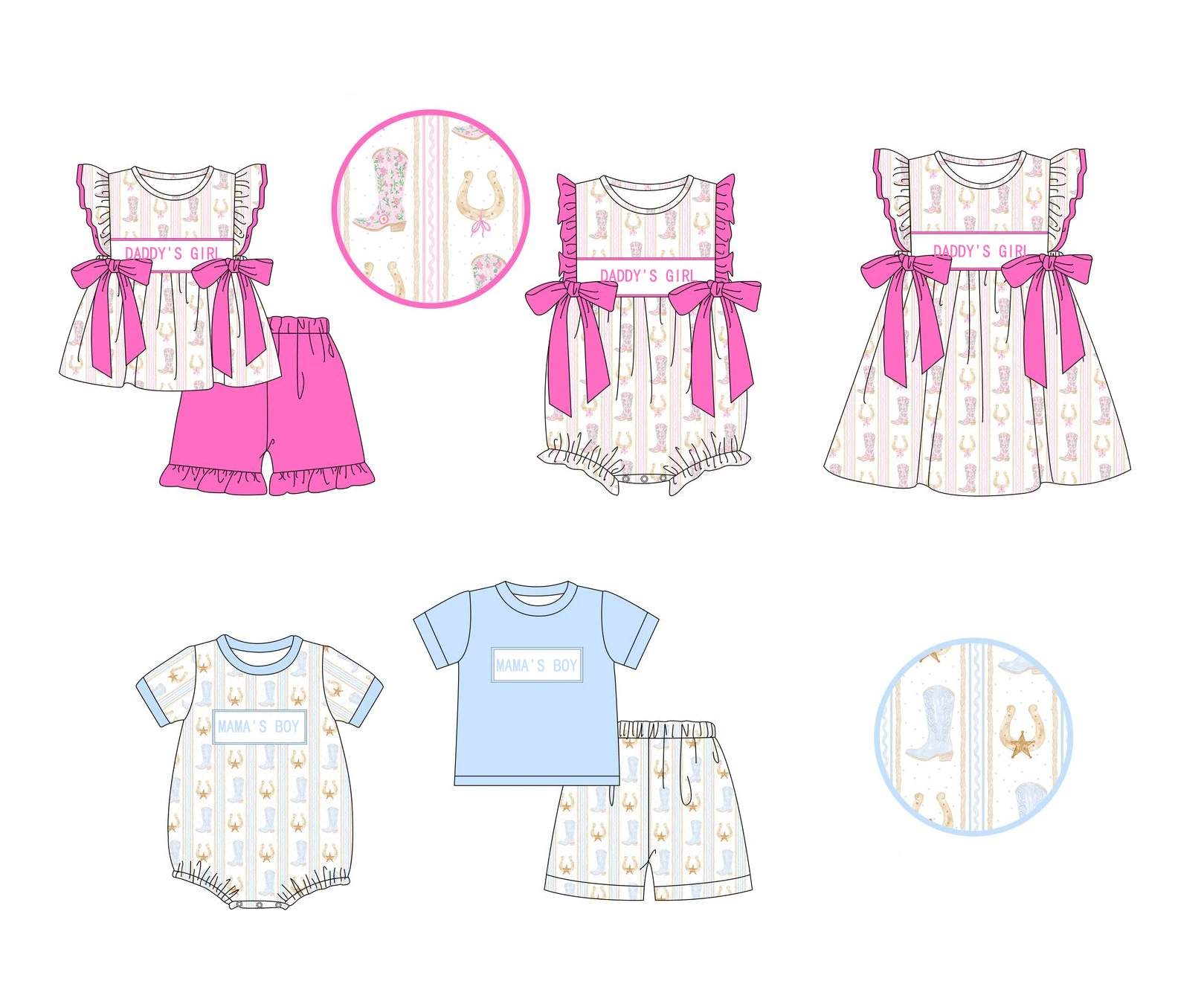 New boutique children's set pearl bow boots daddy girl and mama boy printed shorts lace girl boy shorts set baby romper dress