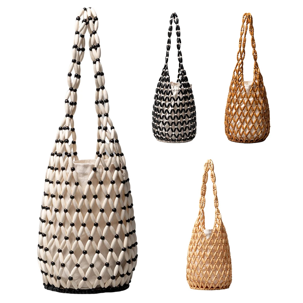

Wooden Beading Hollow-out Tote Bag for Holiday Travels Date Handmade Beaded Shoulder Bag Casual Beach Handbag for Women