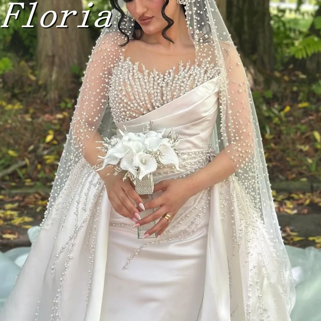 

Customized Elegant Pearls Beads Wedding Dress Vestidos De Casamento Long Sleeves Bridal Gown with Removable Sweep Skirt