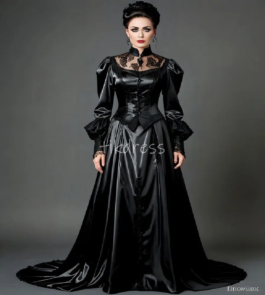 

Vintage Black Vampire Gothic Prom Dress With Lace Halloween Cosplay Medieval Evening Dress High Neck Magic Formal Customized