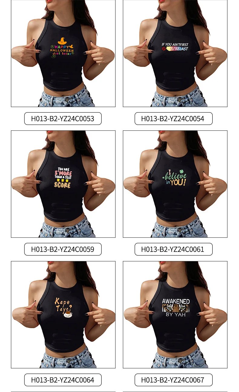 Nadanbao Damen Crop-Top mit Kürbis-Herz-Print, Lustigem Schriftmuster, Oberteil für Halloween-Party, Lässige Weste, Sexy Schlankes Schwarzes Tanktop – Detail 9