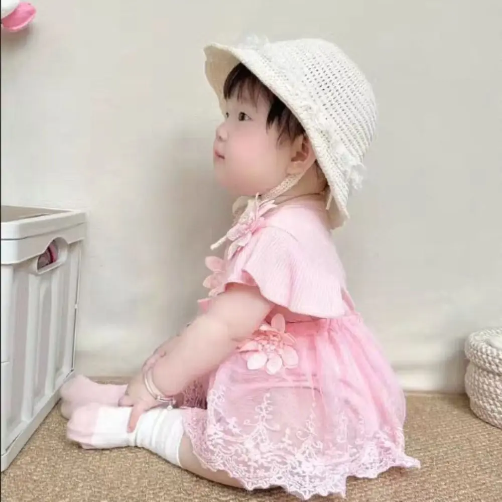 

Cotton Baby Girl Princess Dress Bowknot Lace Mesh Baby Girl Bubble Dress Sweet Short Sleeve Infant Dress with Headband Summer