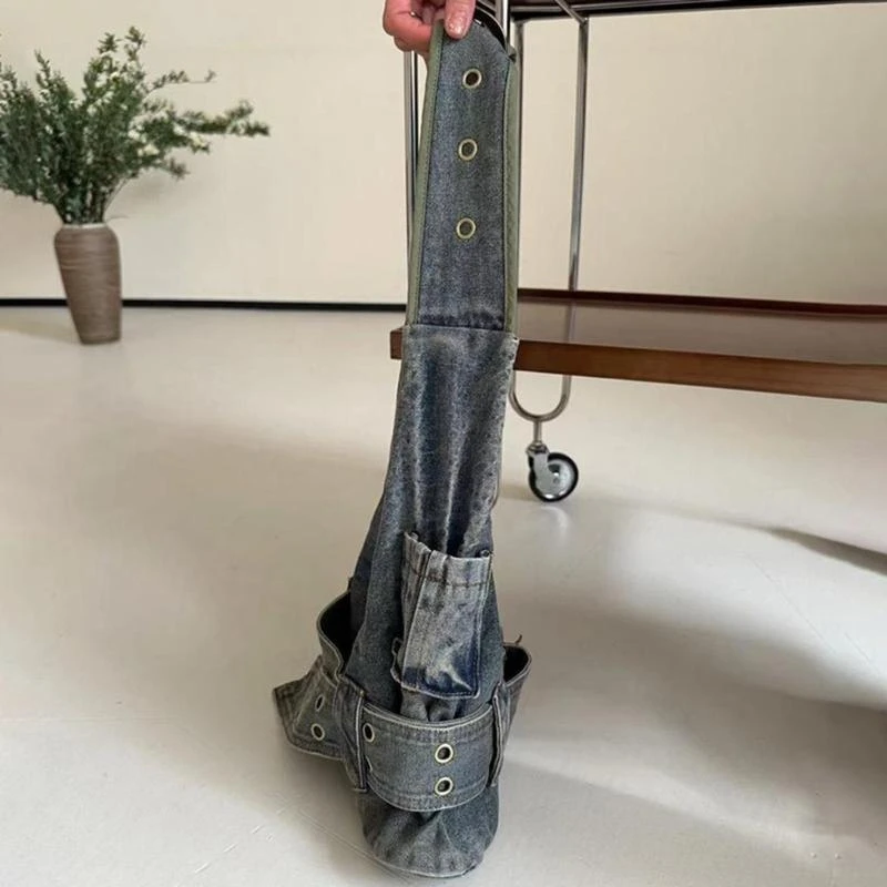 G5AE Sophisticated Multifunctional Denims Satchel with Vintage Washed Texture for Women Punk Buckles Jeans Large Shoulder Bag