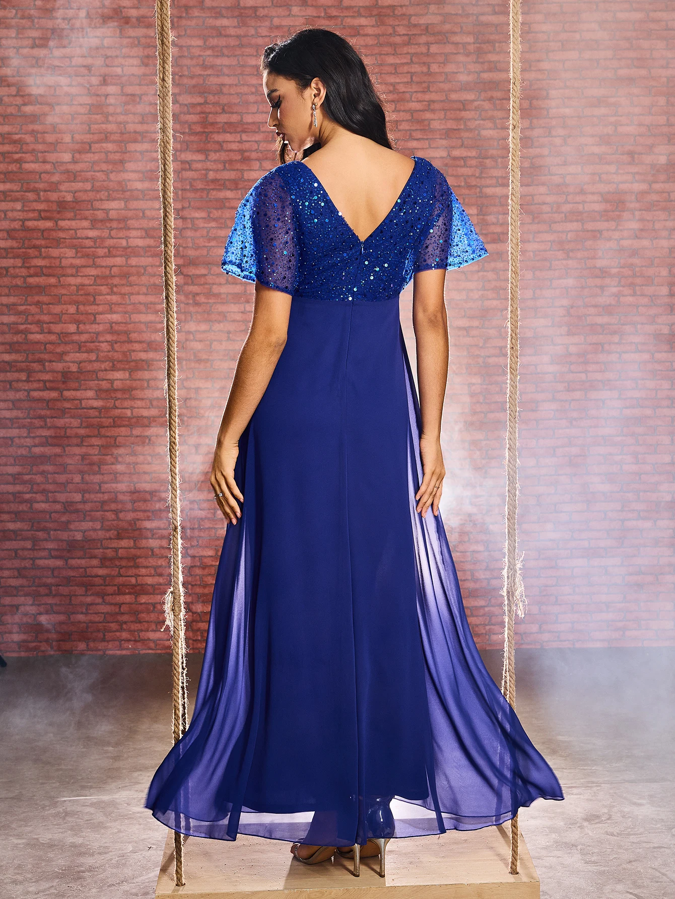 Unithorse Beaded Decorated V-Neck Batwing Sleeve Chiffon Royal Blue Formal Evening Dress