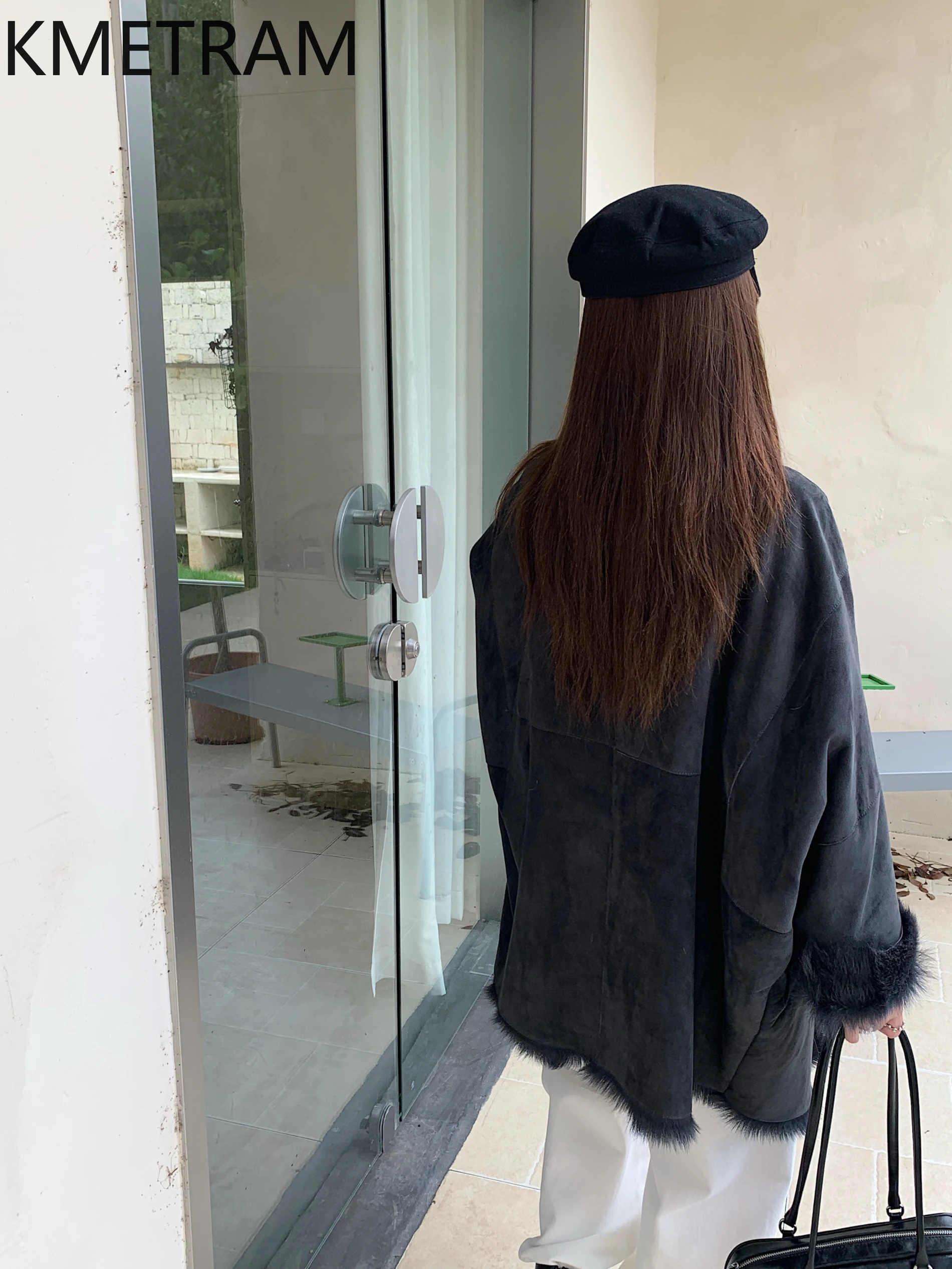 KMETRAM Real Goatskin with Wool Attached Jacket Women Luxury Dark Blue Fur Jackets 2025 New in Coats Winter Woman Clothing шуба