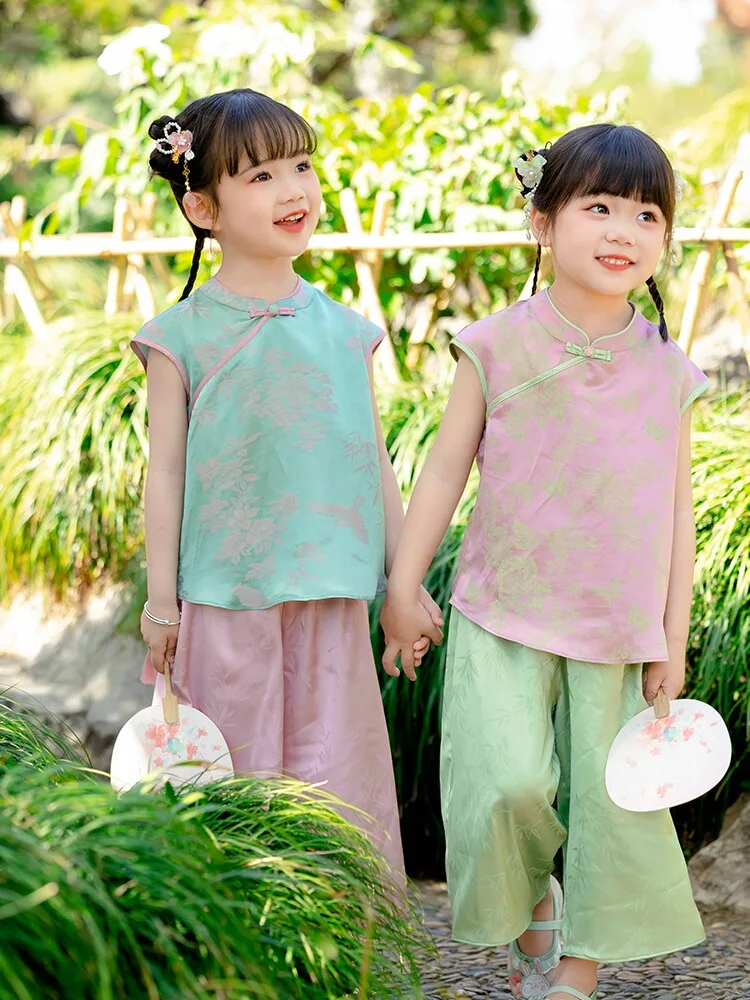 Kinder Zijde Cheongsam Pak 2024 Zomer Nieuwe Oude Kostuum Top Broek Pak Retro Van China Meisje Hanfu