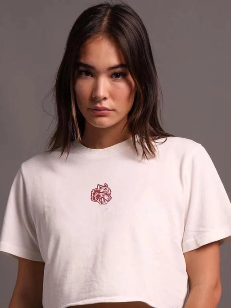 AimeicGym Sexy Wolf Head Short Sleeve Cotton T-Shirt Fitness Loose Breathable Sportswear Women's round Neck Moisture Wicking