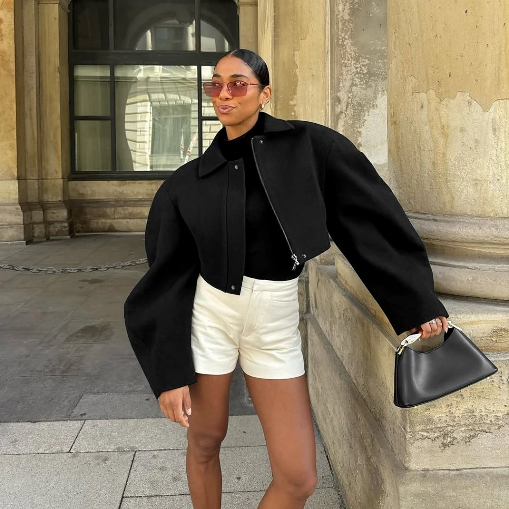 

2026 Spring Autumn Women Casual Solid Baisc Short Coat Lapel Horn Sleeves Patchwork Zipper Jacket Female Fashion New Trendy