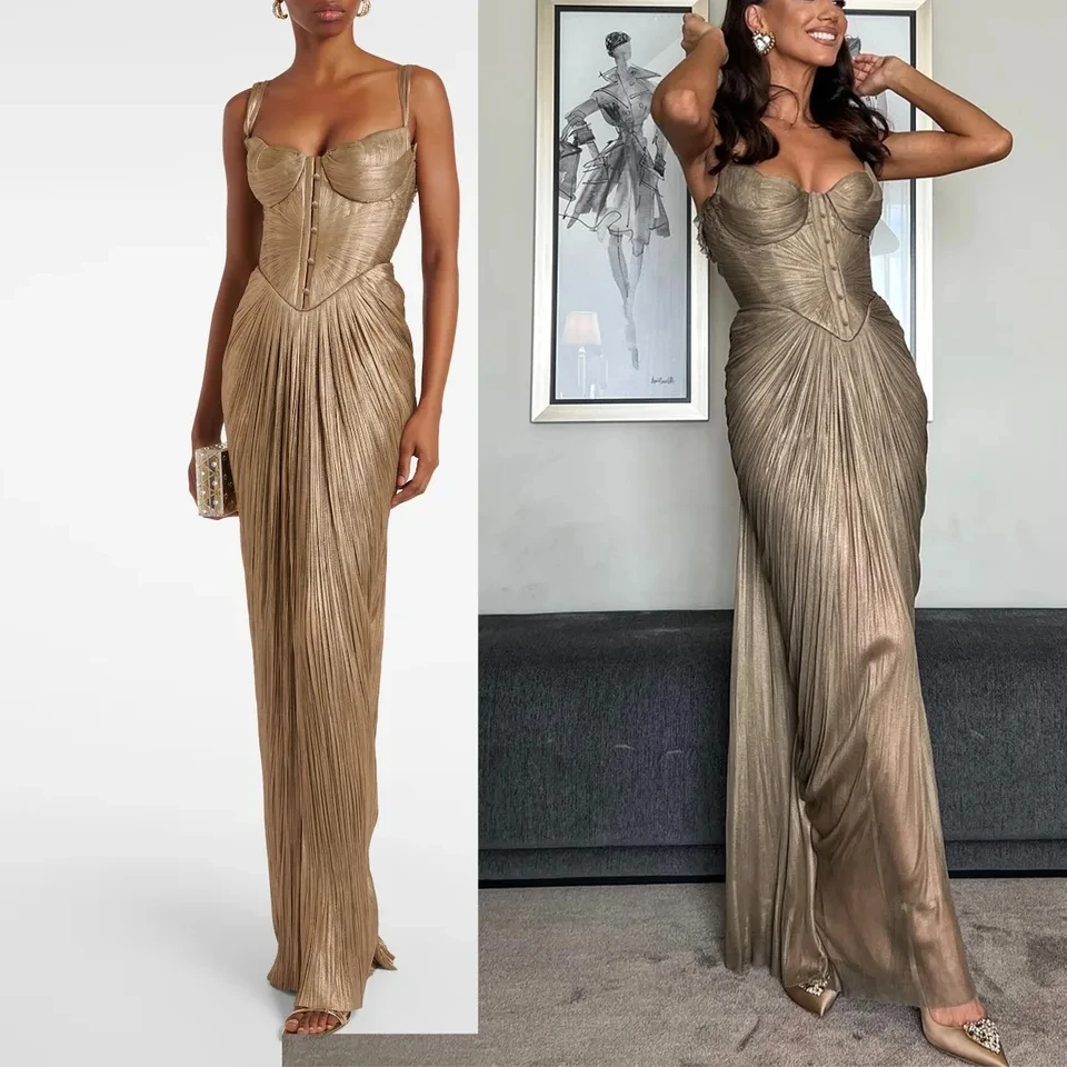 

2026 New Women Pleated Gold Foil Tie Dress Casual Party Slit Evening Gown Long Elegant Temperament Formal Dress