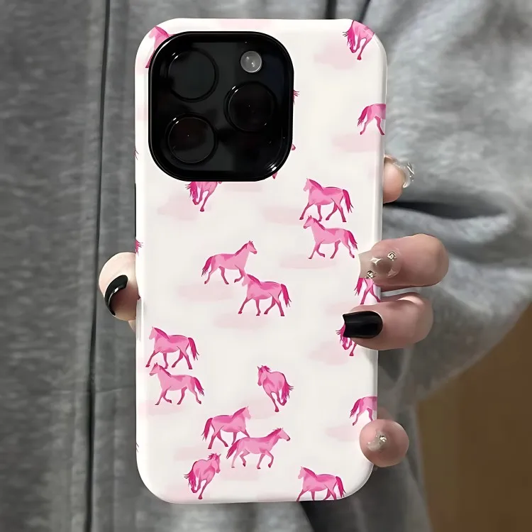 Funda de teléfono Schicke Rosa Pferde-All-OverPony de doble capa para iPhone 17, 17e, 16e, 16, 15, 14, 13, 12, 11, X, XS, 7, 8, Air, Pro, Max, Plus