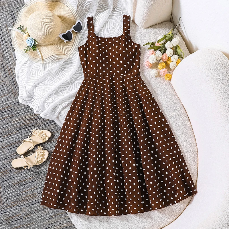 Kids Girls Casual Sundress 8-12 Years, Polka Dot Print Spaghetti Strap Smocked Waist A Line Summer Daily Wear Dress