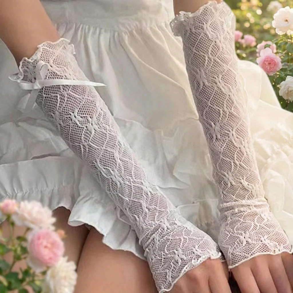 

New High Quality Kawaii Lace Ruffle Arm Sleeves Fishnet Design Elastic Cuff Lace Gloves Bowknot Strapping Fingerless Gloves Girl