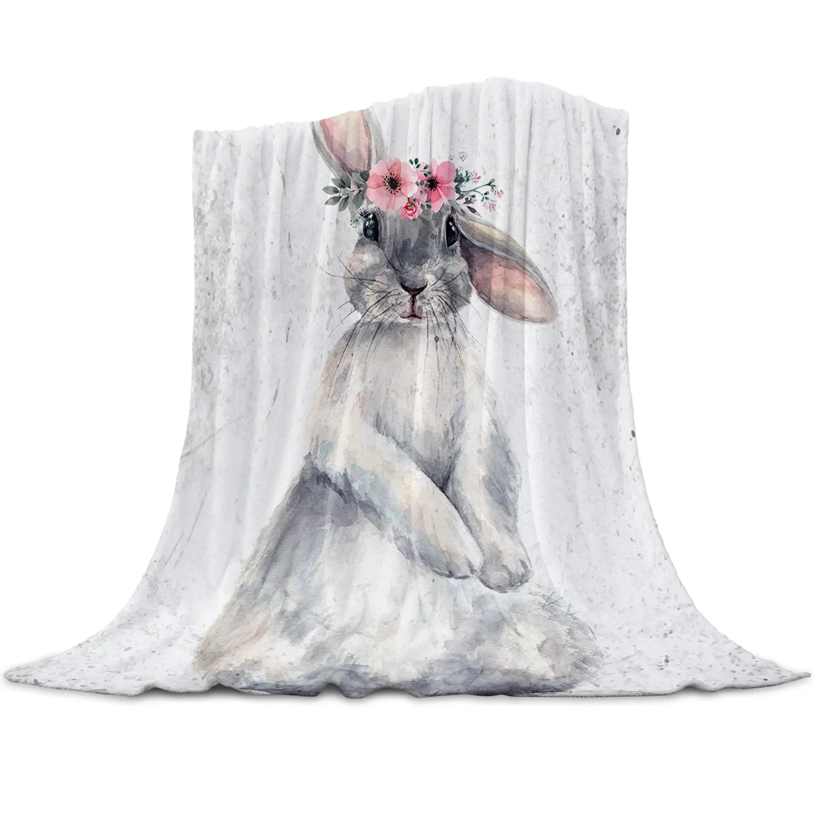 

3d Printed Blanket Cute Rabbit Watercolor Flower Animal Printed Flannel Throw Blanket Quilts Keep Warm Sofa for Birthday Gift