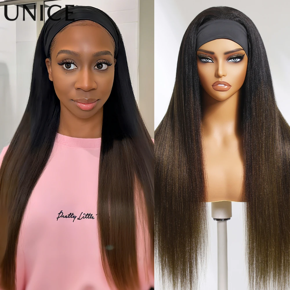 

Unice Hair Chestnut Brown Ombre Yaki Straight Headband Wig With Elastic Drawstring 100% Human Hair Scarf Wigs 150% Density