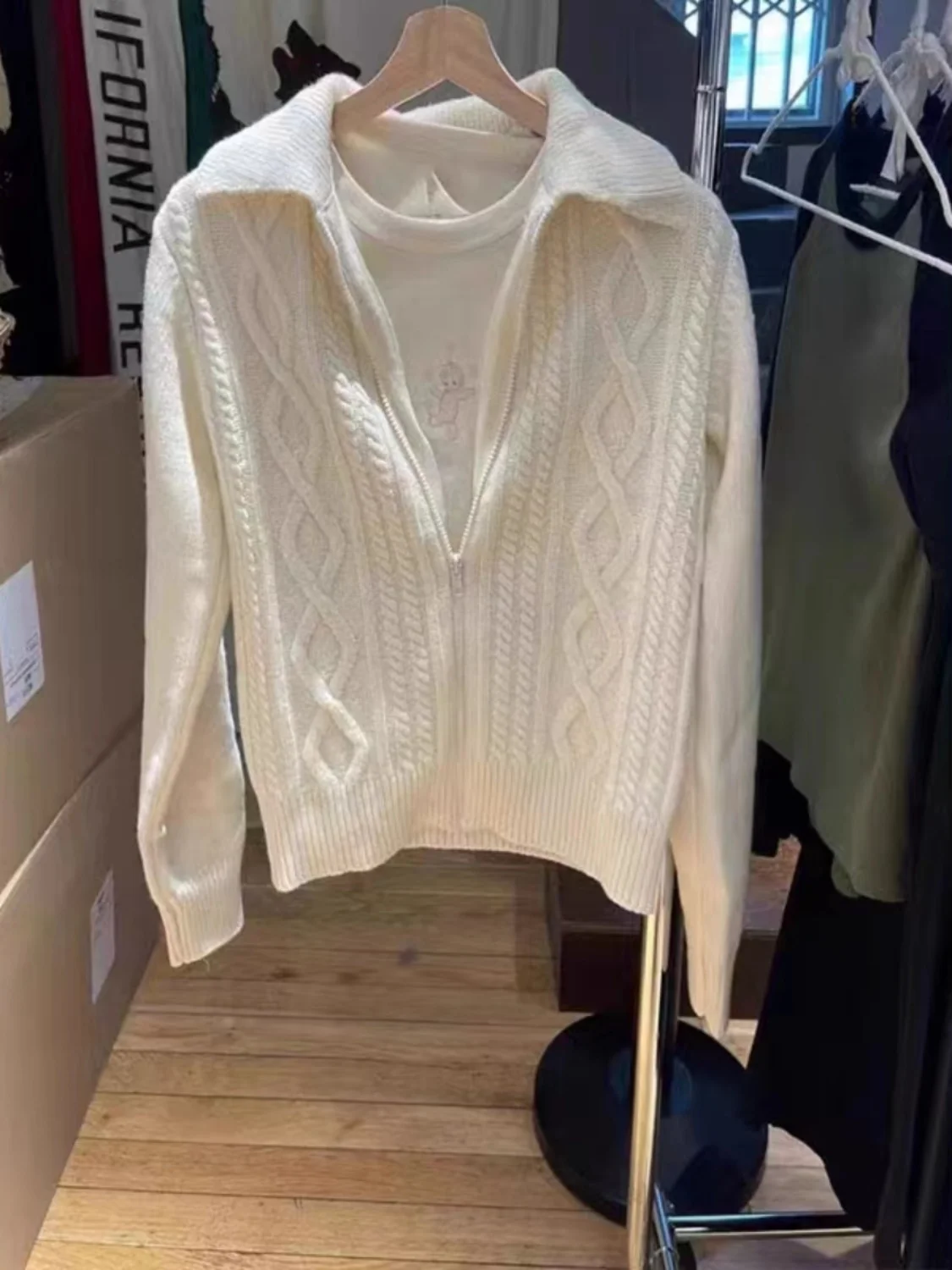 

Американский ретро-кардиган на молнии с воротником, вязаный, с узором косы, женский, с длинными рукавами, однотонный, для повседневной носки, осенний сезон