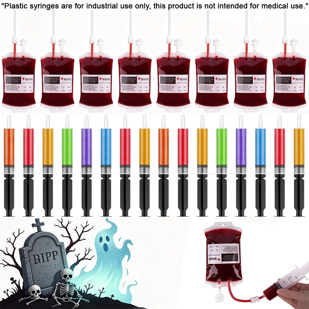 Simulated Blood Bag Party Set, Holiday-Themed Quirky Decorations, Simulated Plasma Drink Storage Bags, Colorful Manual Injection Accessories, Suitable for Halloween Escape Rooms, Role-Playing, Themed Party Photo Props (8Pcs Simulated Blood Bags + 16Pcs Syringes)
