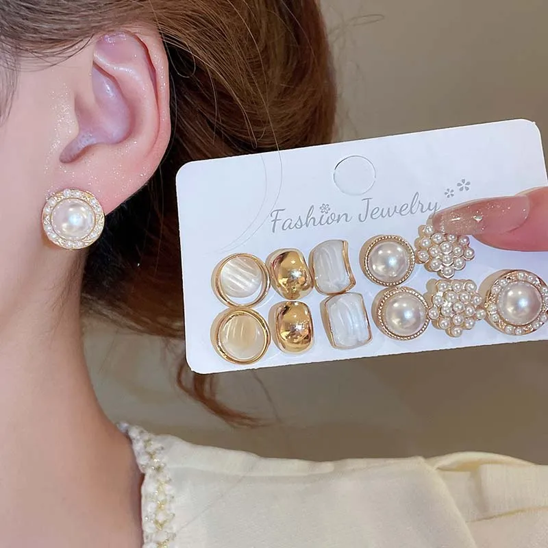12 Pieces/set of Elegant Temperament Imitation Pearl Round Square Earrings Women's Daily Wear Holiday Accessories Gifts