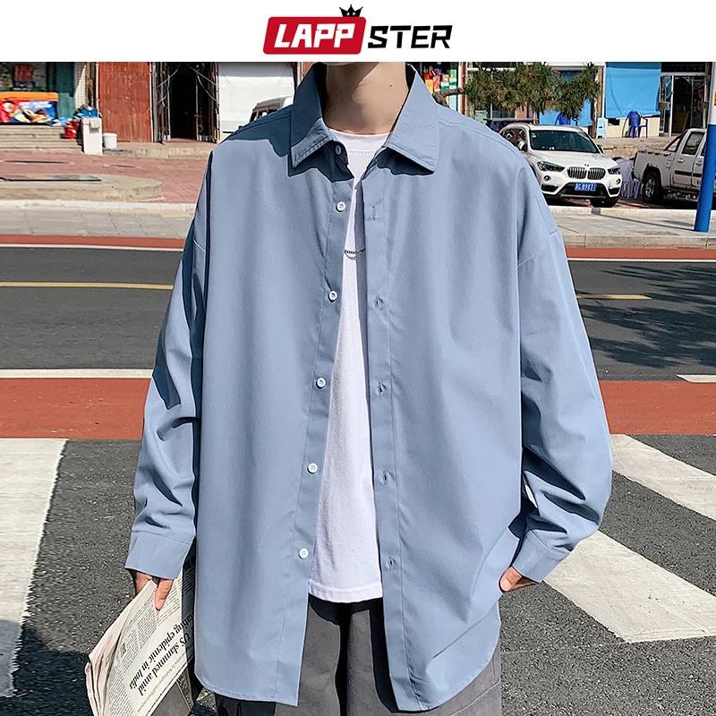 LAPPSTER Men White Solid Vintage Shirts 2023 Mens Harajuku Fashion Oversize Shirt Male Black Casual Streetwear Blouses Plus Size