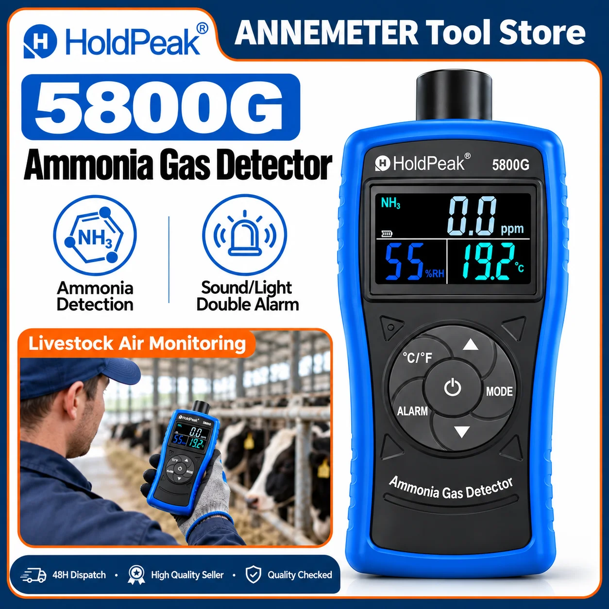 Ammonia Gas Detector 0-100 PPM NH3 Monitor with Alarm Digital Ammonia Meter Temperature Humidity Tester for Poultry Farm Chicken