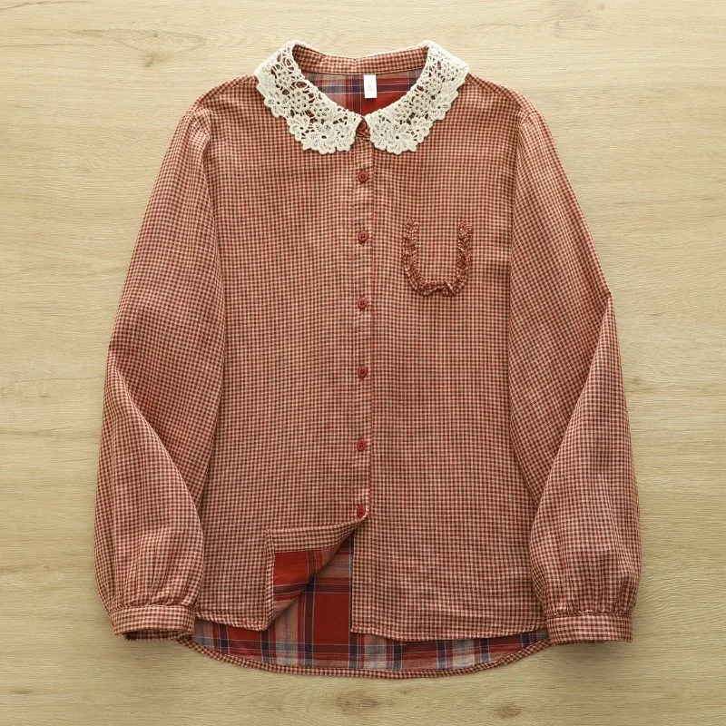 Women French Retro Lace Peter Pan Collar Plaid Cotton Shirts Soft Breathable Loose Long Sleeve Blouse Literary All-match Daily T