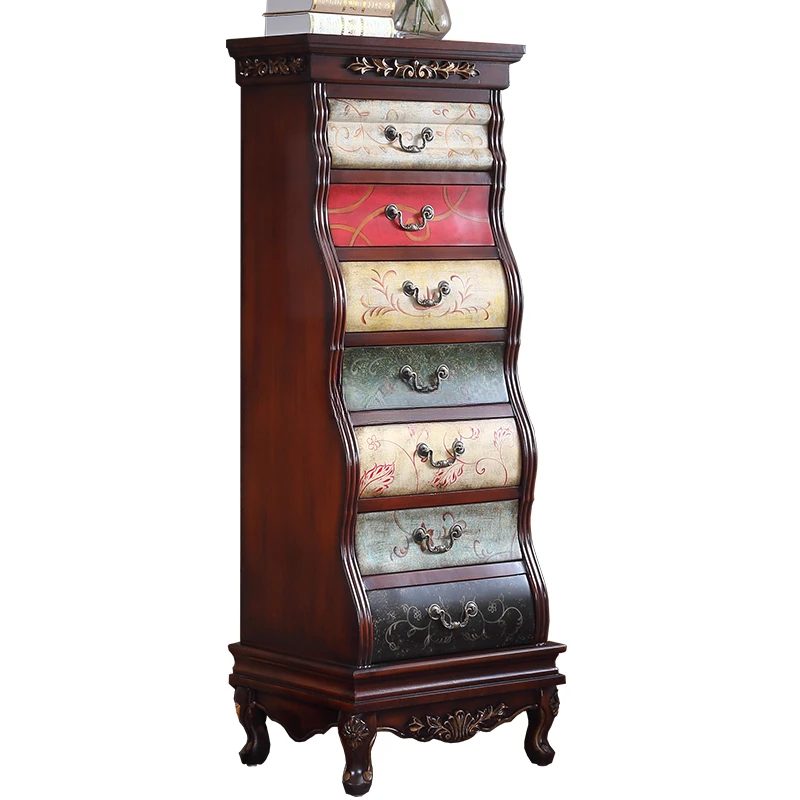 

American Idyllic Vintage Distressed Solid Wood Painted Multi-Layer Chest of Drawers against the Wall Curio Cabinet