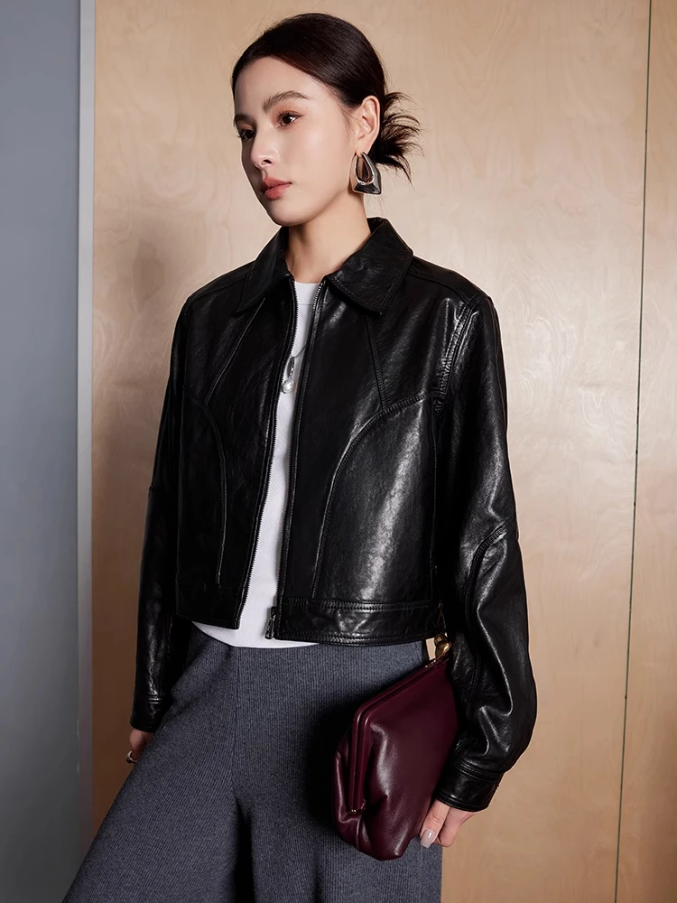 

Slim Cropped Genuine Leather Jackets for Women High-end Simple Soft Oil Wax Black Real Sheepskin Coat casaca de cuero mujer